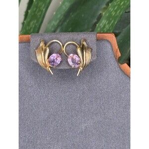 Vintage AMCO 14K Gold Filled Floral Earrings Amethyst Rhinestone Mid Century